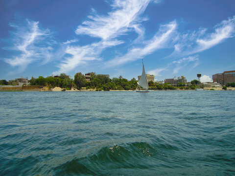 View of the Nile River and the traditional Egyptian felucca boat.