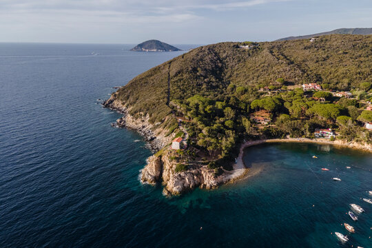 Aerial view of a small bay in Procchio along the coast on Elba Island, Italy.