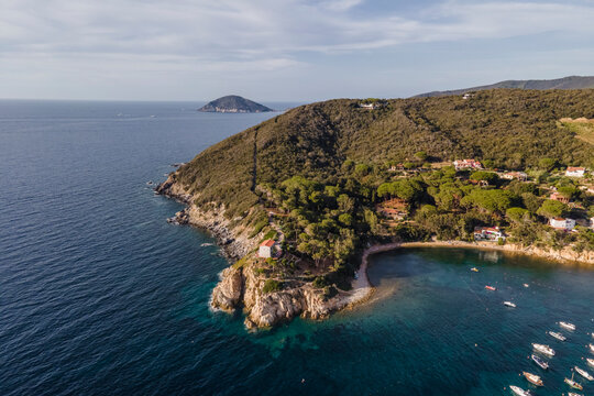 Aerial view of a small bay in Procchio along the coast on Elba Island, Italy.