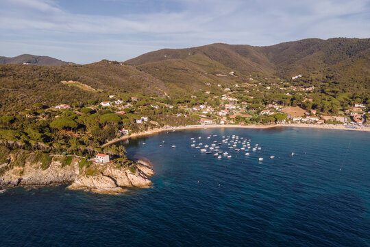 Aerial view of a small bay in Procchio along the coast on Elba Island, Italy.
