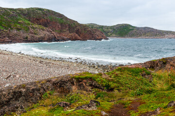 Summer tundra. Rocky coastline of Barents Sea near Teriberka. Scenery of Russian North. Kola Peninsula, Murmansk Oblast, Russia