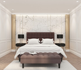 Modern luxury bedroom with wall cornice and marble walls using white tones in the decoration design. 3D rendering