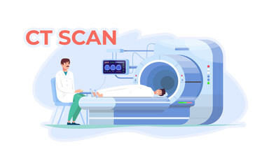 CT scan. Computed tomography scan. Doctor is carrying out CT scanning. Patient is laying on the ct device. Clinic. Medical equipment. MRI.