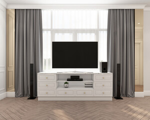 Empty room with tv cabinet and gray curtains using white tones in the decoration design. 3D rendering