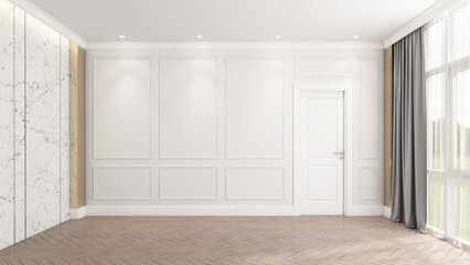 Empty room with door and wall cornice using white tones in the decoration design. 3D rendering