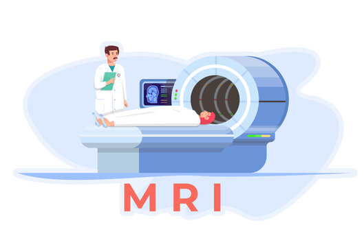MRI device. MRI scan. Magnetic reasoning imaging. Doctor is explaing to the patient the process of scanning. Patient is laying on the device. Medical equipment.