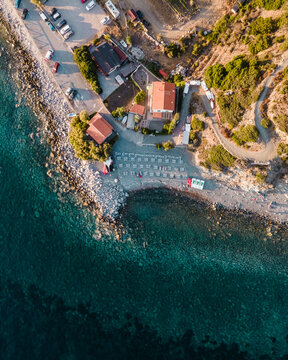 Aerial view of Relitto beach in Pomonte, Elba Island, Tuscany, Italy.