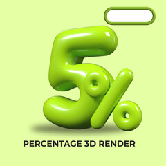 3D render number 5% percentage green plastic, balloon, sale discount, progress, shop kid sale