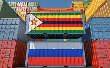 Fototapeta premium Cargo containers with Russia and Zimbabwe national flags. 3D Rendering
