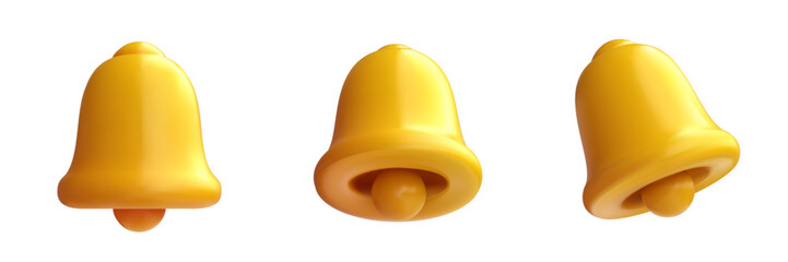 Set golden notification bell in 3d realistic cartoon style isolated on white background. Collection minimal modern glossy ringing bells various view. Cute colorful vector illustration.