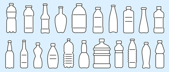 Collection minimal elements for food and drink icon, symbol. Set of lines silhouettes bottles various shapes isolated on blue background. Vector illustration.