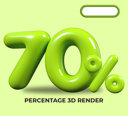 3D render number 70% percentage green plastic, balloon, sale discount, progress, shop kid sale