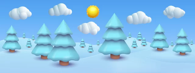 Poster 3d realistic cartoon panorama winter landscape background with snow hills, christmas trees, mountains, clouds, sun, on blue sky. Cute children nature environment composition. Vector illustration. © cgterminal