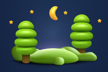 Realistic cartoon 3d summer night nature composition in minimal cute style. Green ecology exhibition, podium, pedestal or island with trees. Cute template background composition. Vector illustration.
