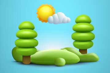 Realistic cartoon 3d summer nature composition in minimal cute style. Green ecology exhibition, podium, pedestal or island with trees. Cute template background composition. Vector illustration.