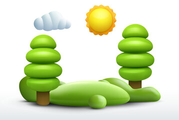 Realistic cartoon 3d summer nature composition in minimal cute style. Green ecology exhibition, podium, pedestal or island with trees. Cute template background composition. Vector illustration.
