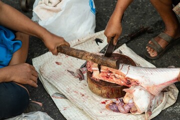 A merchant uses a knife to cut the fish into pieces for sale. In one of the morning markets in Thailand..