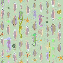 a pattern without a background of colorful seashells and seahorses