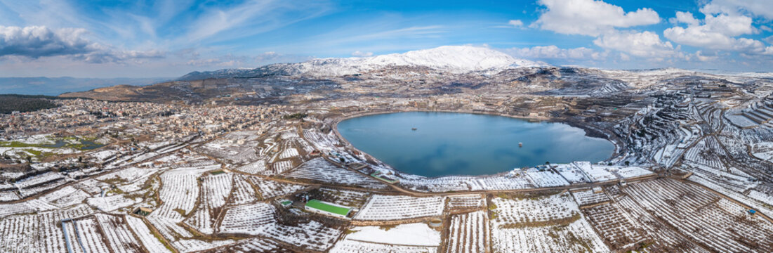 Panoramic aerial view of Lake Ram, Golan Heights, Israel.