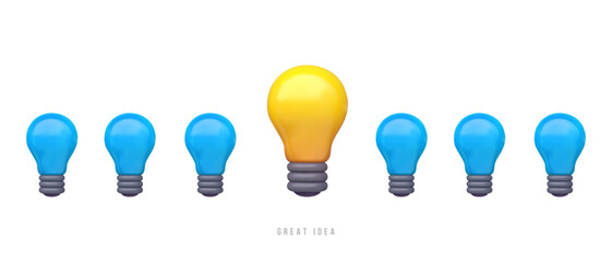 Row of blue and yellow light bulbs isolated on white background. 3d realistic vector illustration in minimal modern cartoon style. Creative glossy plastic concept design. Decorative composition.
