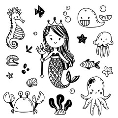 Cute mermaid and sea creatures, hand drawn stock vector illustration. Cartoon doodle, simple marine set: a whale, sea horse, octopus, jelly fish, crab, star fish. Design for coloring page