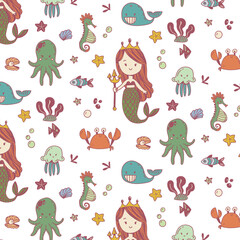Cute mermaid and sea creatures, hand drawn vector seamless pattern. Cartoon doodle, simple marine background: a whale, sea horse, octopus, jelly fish, crab, star fish on a white background.