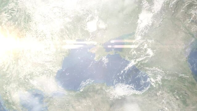 Earth zoom in from outer space to city. Zooming on Simferopol, Crimea. The animation continues by zoom out through clouds and atmosphere into space. Images from NASA