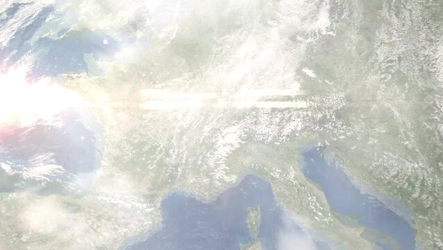 Earth zoom in from outer space to city. Zooming on Bulle, Switzerland. The animation continues by zoom out through clouds and atmosphere into space. Images from NASA