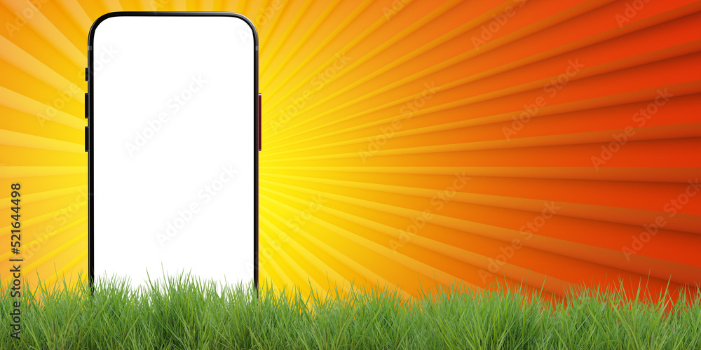 Poster smart phone. phone peeks out from behind grass. mobile gadget with white screen. phone to demo websi