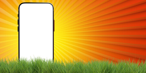 Smart phone. Phone peeks out from behind grass. Mobile gadget With white screen. Phone to demo...