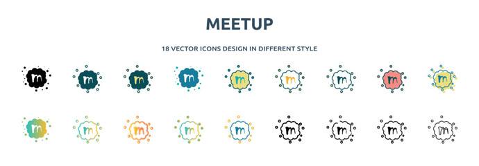 meetup icon in 18 different styles such as thin line, thick line, two color, glyph, colorful, lineal color, detailed, stroke and gradient. set of meetup vector for web, mobile, ui