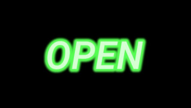 The animation of open sign with effect, isolated on the dark background. Business ane economy footage illustration design.