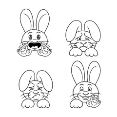 A collection of monochrome characters, cute little bunnies in cartoon style, funny and angry rabbit. Vector