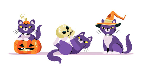 Set of cute halloween cats. Looking out of the pumpkin, playing with a skull, wearing a witch hat. Expressive animal characters. Flat hand-drawn cartoon vector illustration