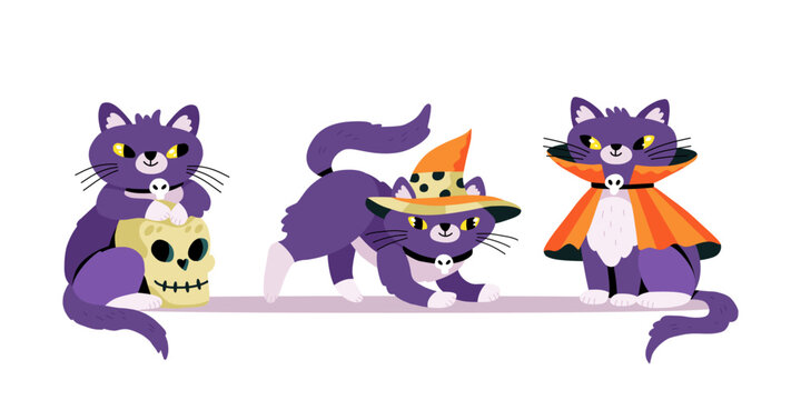 Set of cute halloween cats. Playing with a skull, wearing a witch hat and a wizard cloak. Expressive animal characters. Flat hand-drawn cartoon vector illustration