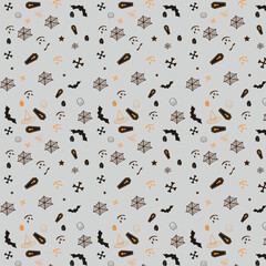 Halloween orange festive seamless pattern. Endless background with pumpkins, skulls, bats, spiders, ghosts, bones, candies, spider web and speech bubble with boo