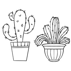Cacti in pots doodles black outline on white background