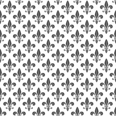 Black and white seamless pattern with fleur de lis, heraldic lily. Vector background on white.