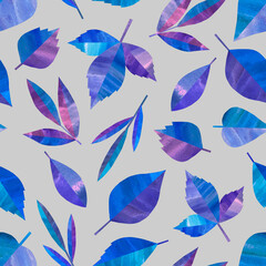 Fototapeta na wymiar Seamless background with frozen watercolor leaves of various shapes on gray. Hand-painted in collage technique.