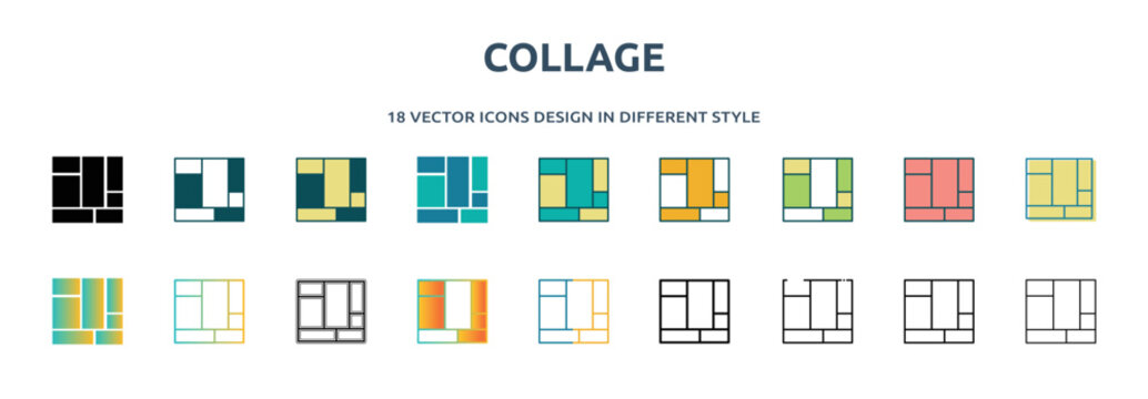 collage icon in 18 different styles such as thin line, thick line, two color, glyph, colorful, lineal color, detailed, stroke and gradient. set of collage vector for web, mobile, ui