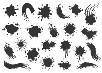 Paint blots. Splashes set for design use. Colorful grunge shapes collection. Dirty stains and silhouettes. Black ink splashes
