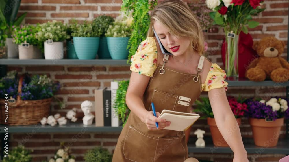 Sticker young beautiful hispanic woman florist talking on smartphone writing on notebook at flower shop