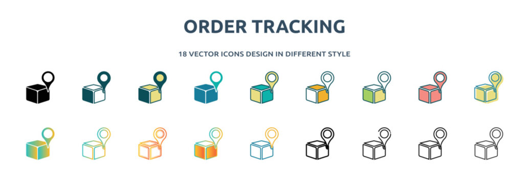 order tracking icon in 18 different styles such as thin line, thick line, two color, glyph, colorful, lineal color, detailed, stroke and gradient. set of order tracking vector for web, mobile, ui