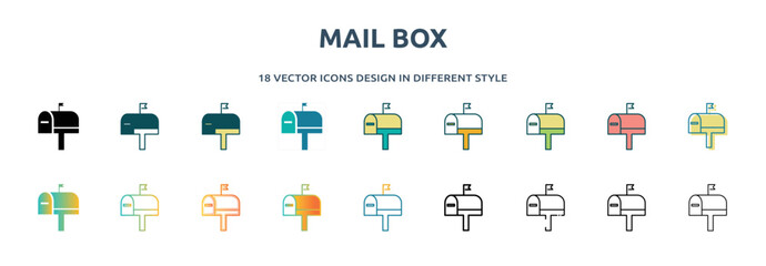 mail box icon in 18 different styles such as thin line, thick line, two color, glyph, colorful, lineal color, detailed, stroke and gradient. set of mail box vector for web, mobile, ui
