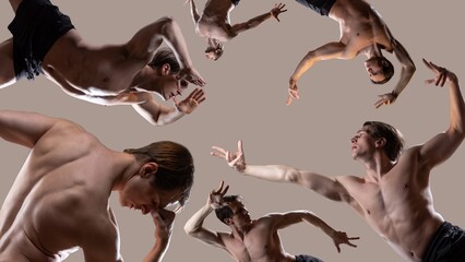 Fantastic collage of different poses of young muscular man in an expressive poses. Beautiful muscles. extraordinary athletic body. - obrazy, fototapety, plakaty