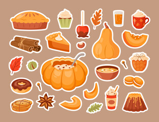 Pumpkin dish stickers. Vector set of dishes with fresh ripe pumpkin, jam jar, fruitcake, soup, latte with cinnamon. Traditional autumn Thanksgiving food. Autumn set for halloween invitation, harvest