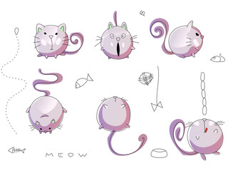 Vector linear cats in a round shape. Fed up abstract cats. Sits, surprised, catches a mouse, lies