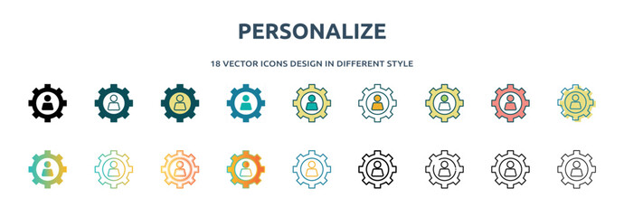 personalize icon in 18 different styles such as thin line, thick line, two color, glyph, colorful, lineal color, detailed, stroke and gradient. set of personalize vector for web, mobile, ui