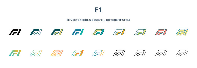 f1 icon in 18 different styles such as thin line, thick line, two color, glyph, colorful, lineal color, detailed, stroke and gradient. set of f1 vector for web, mobile, ui