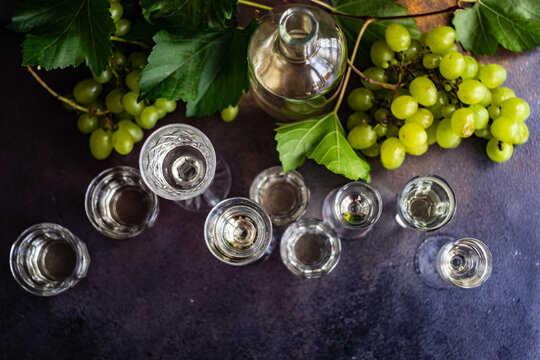Bottle and assorted glasses of Georgian chacha brandy on a table with bunches of green grapes